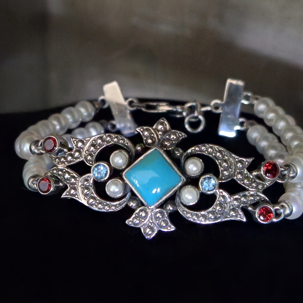 Nicky Butler 925 Sterling Silver Turquoise Pearl Garnet Topaz Designer Bracelet - Picture 9 of 16